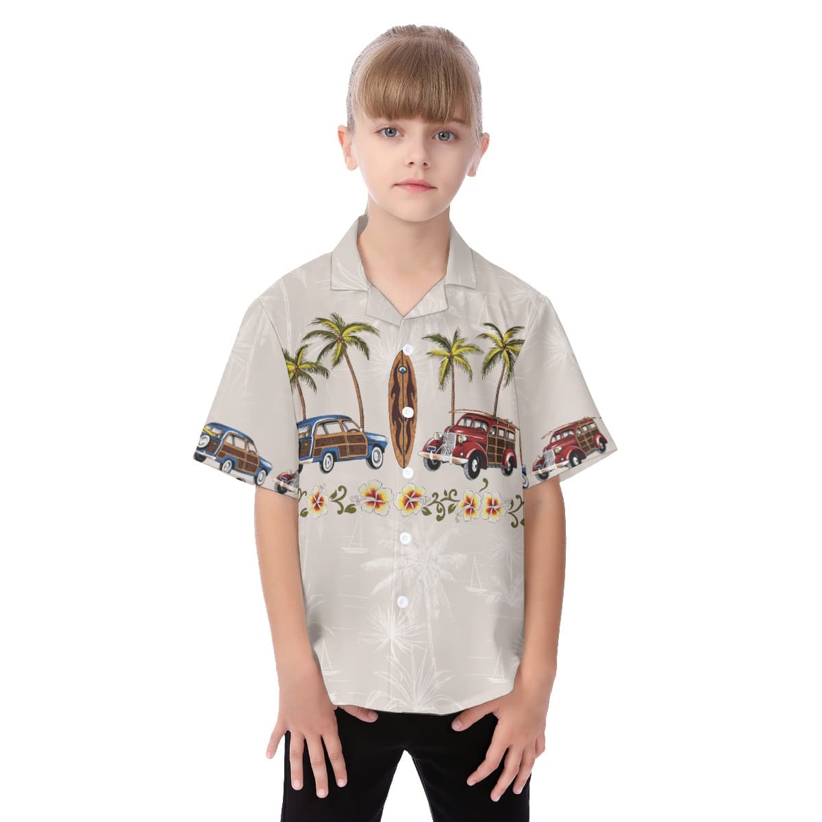 Kid's Hawaiian Shirt Palm Tree Surfboard Cartoon Car For Vacation