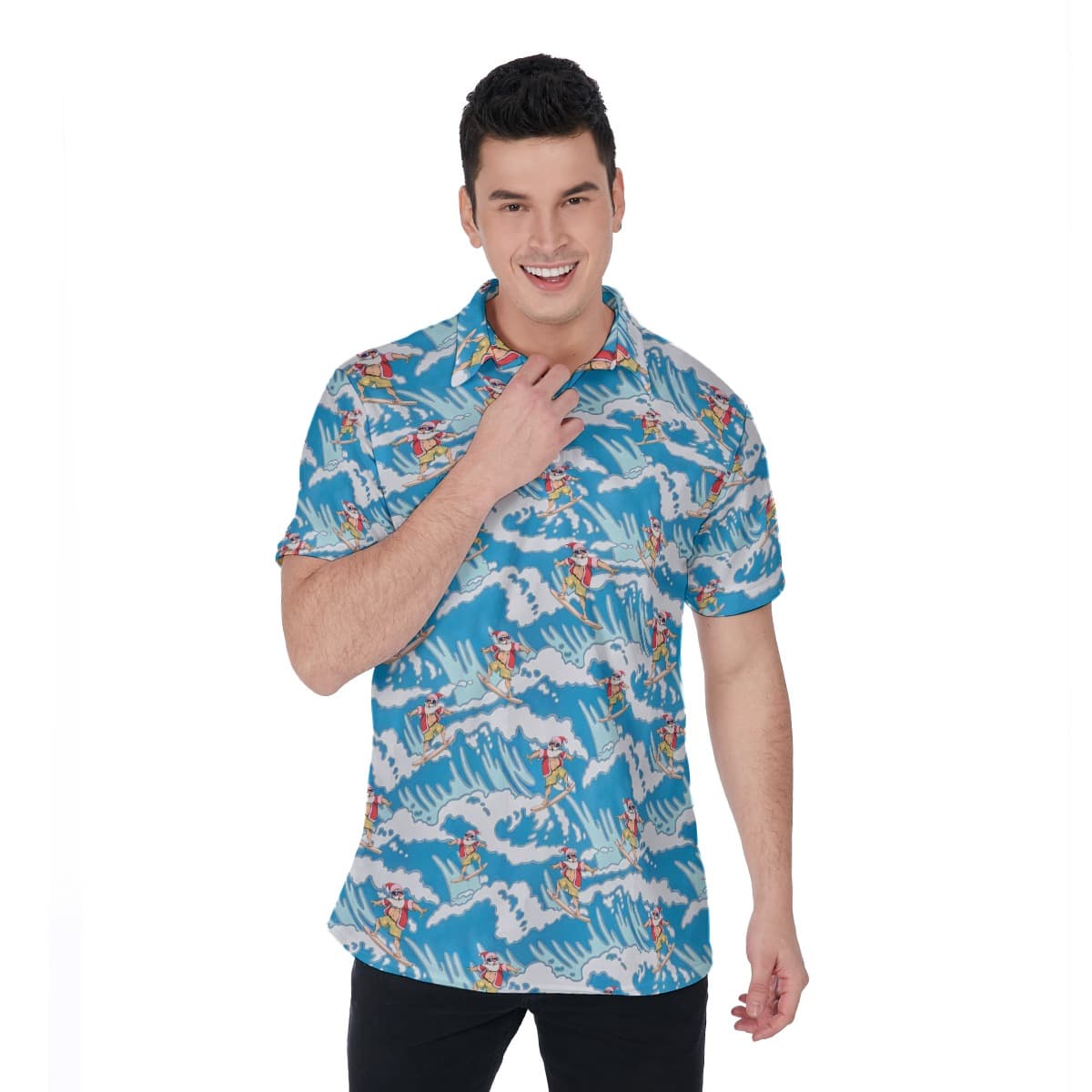 Santa Surfing Christmas Hawaiian Polo Shirt (1)