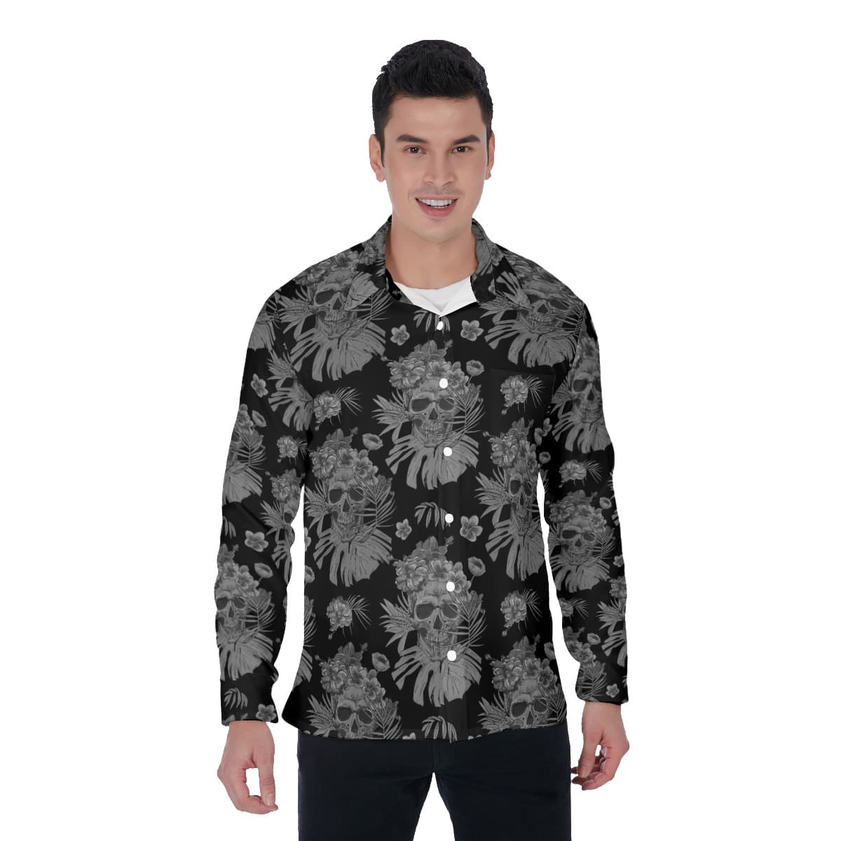 Skull Black Long Sleeve Hawaiian Shirt For Men