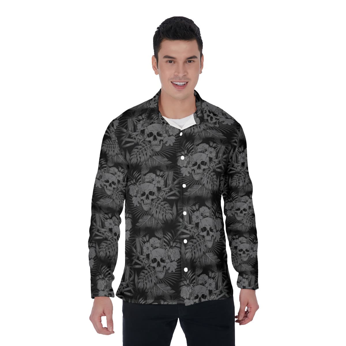 Skull Long Sleeve Hawaiian Shirt For Men (1)