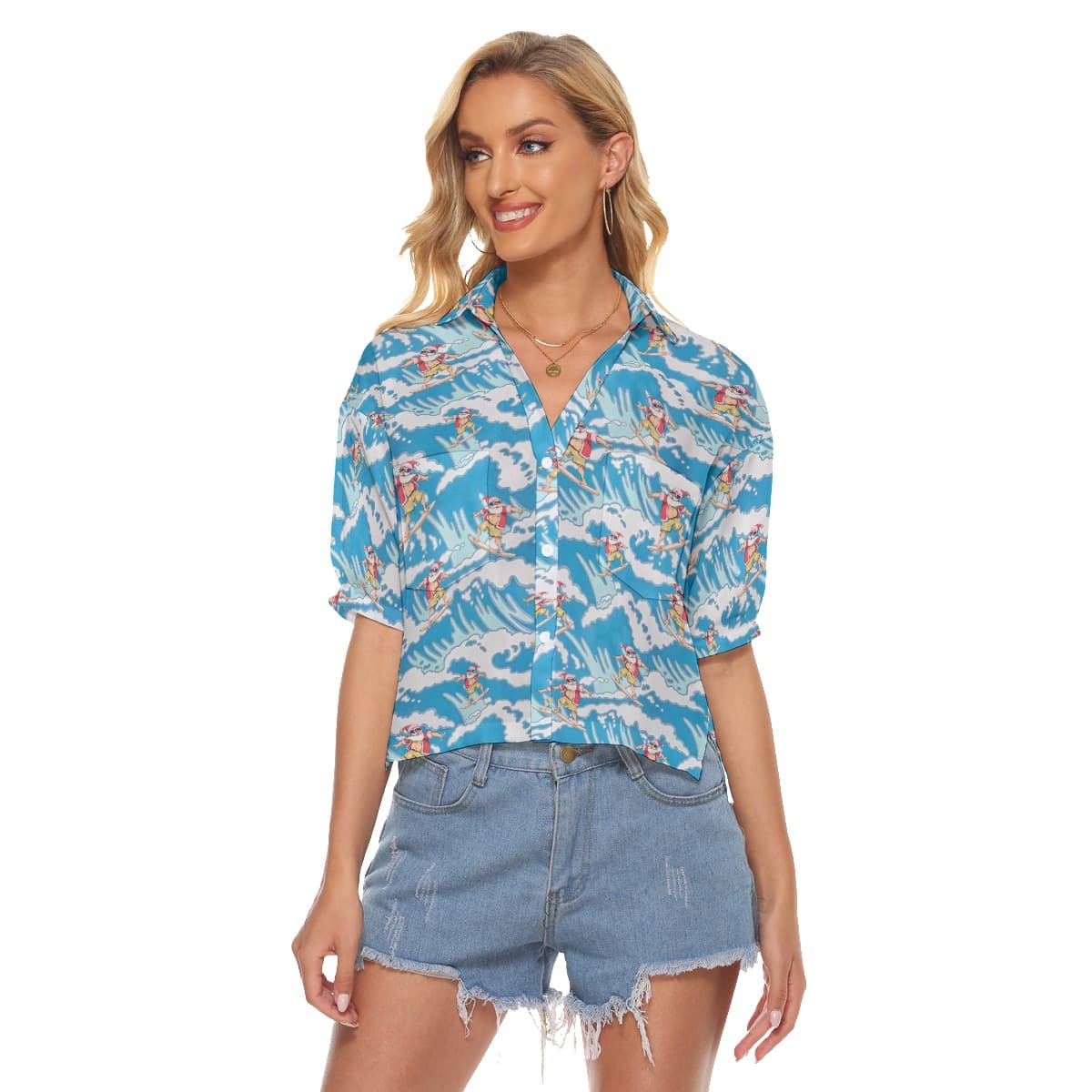 Surfing Santa Christmas Hawaiian Crop Top For Women (1)