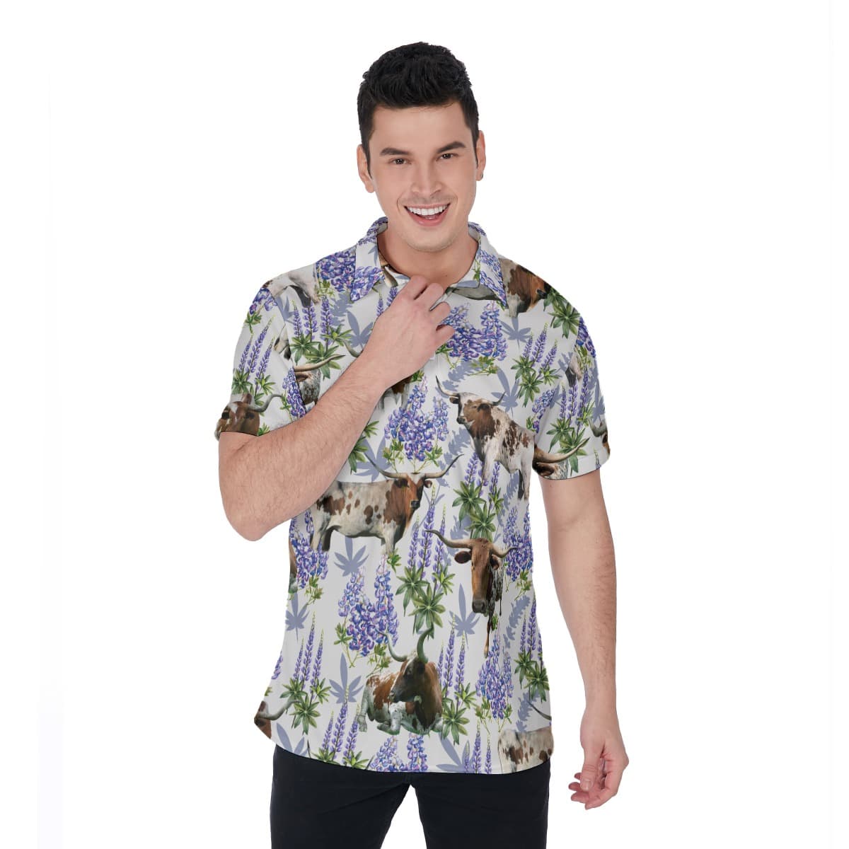 Texas Longhorn Bluebonnet Men’s Polo Hawaiian Shirt (1)
