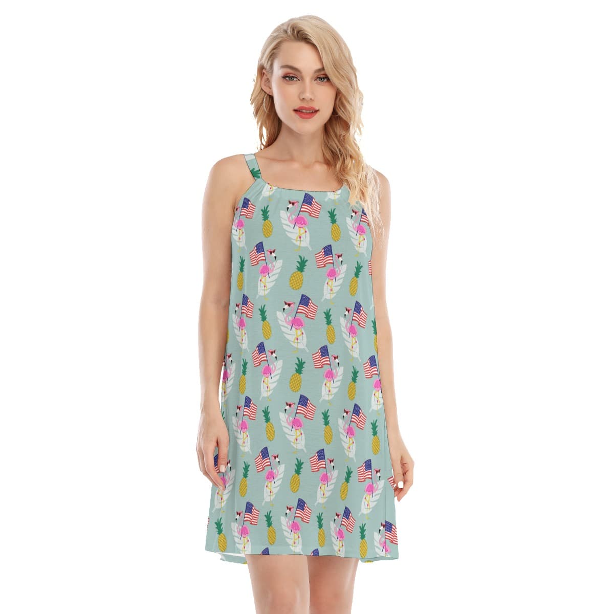 4th of July Flamingo American Flag Aloha Dress For Women (1)