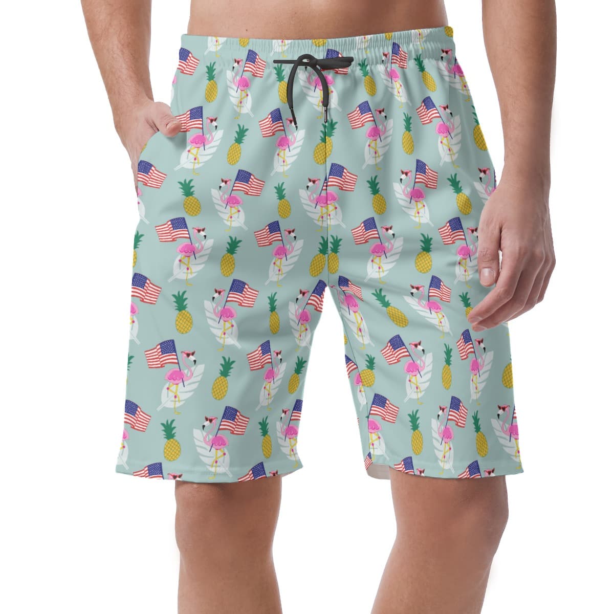 4th of July Flamingo Hawaiian Beach Shorts For Men