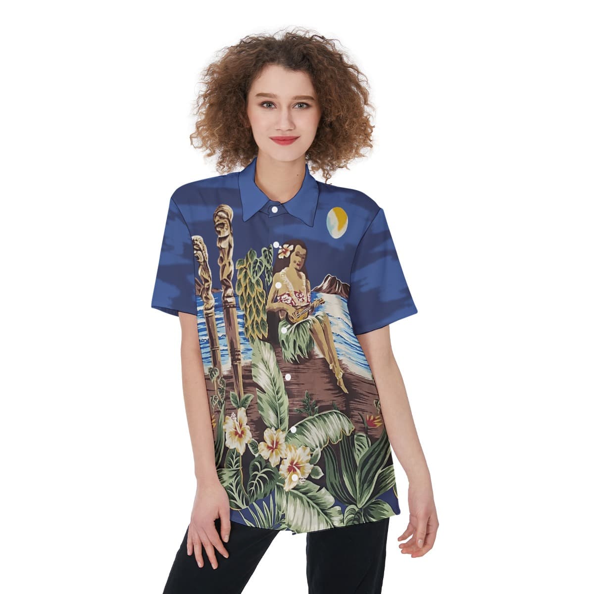 Blue Hula Girl Aloha Shirt For Women (1)
