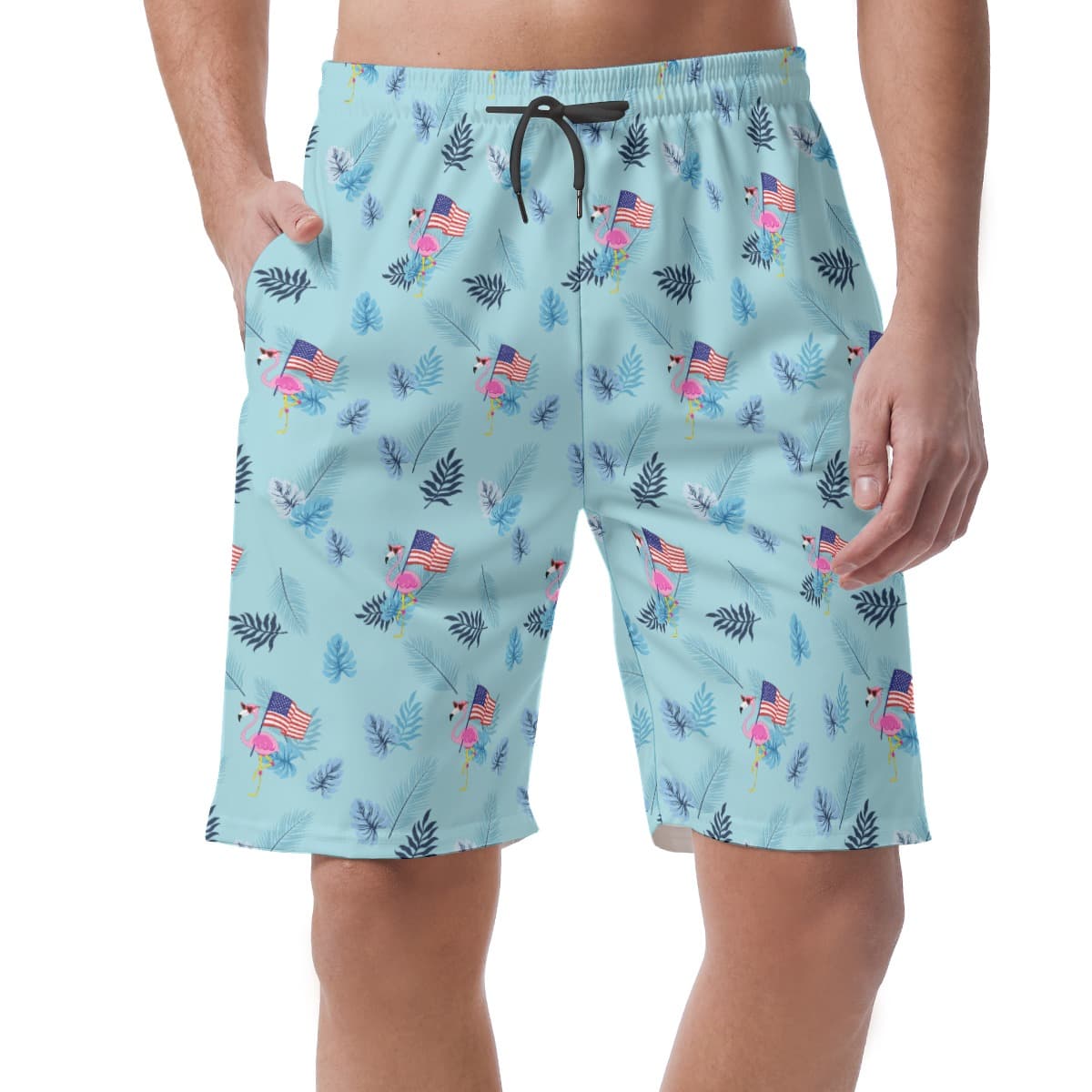 Flamingo American Flag Hawaiian Board Shorts For Men (1)