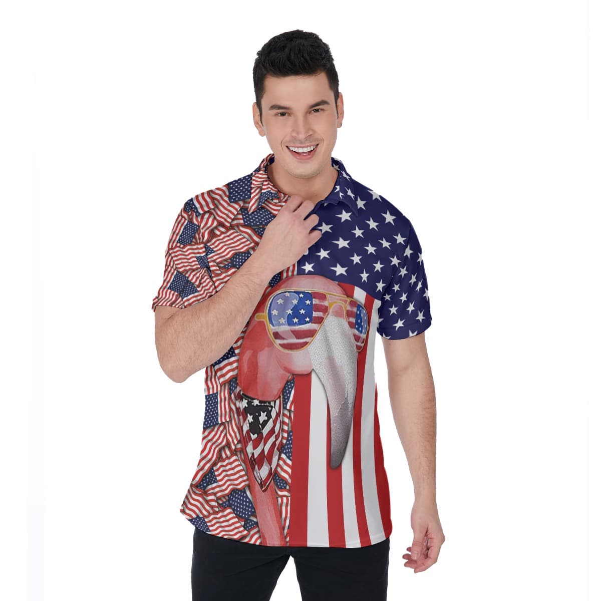Flamingo American Flag Hawaiian Polo Shirt (1)