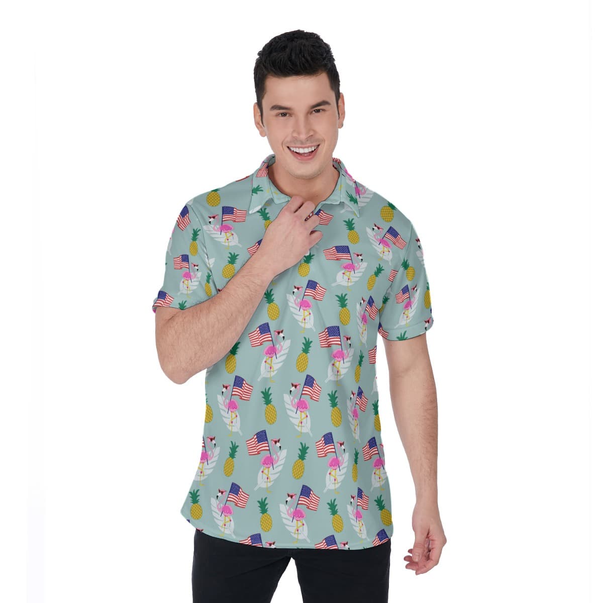 Flamingo American Flag Hawaiian Polo Shirt (1)