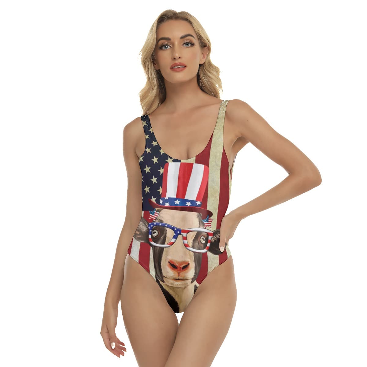 Funny Goat American Flag 4th Of July Swimsuit For Women (1)