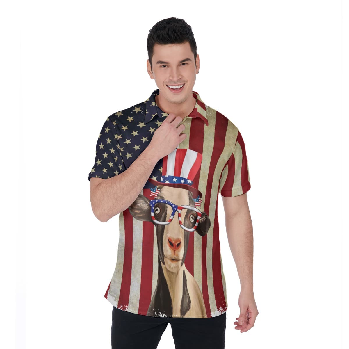Goat American Flag 4th Of July Hawaiian Polo Shirt (1)