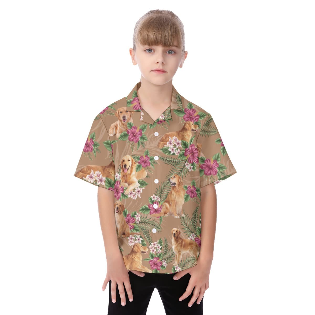 Golden Retriever Button Up Tropical Shirt For Kids (1)