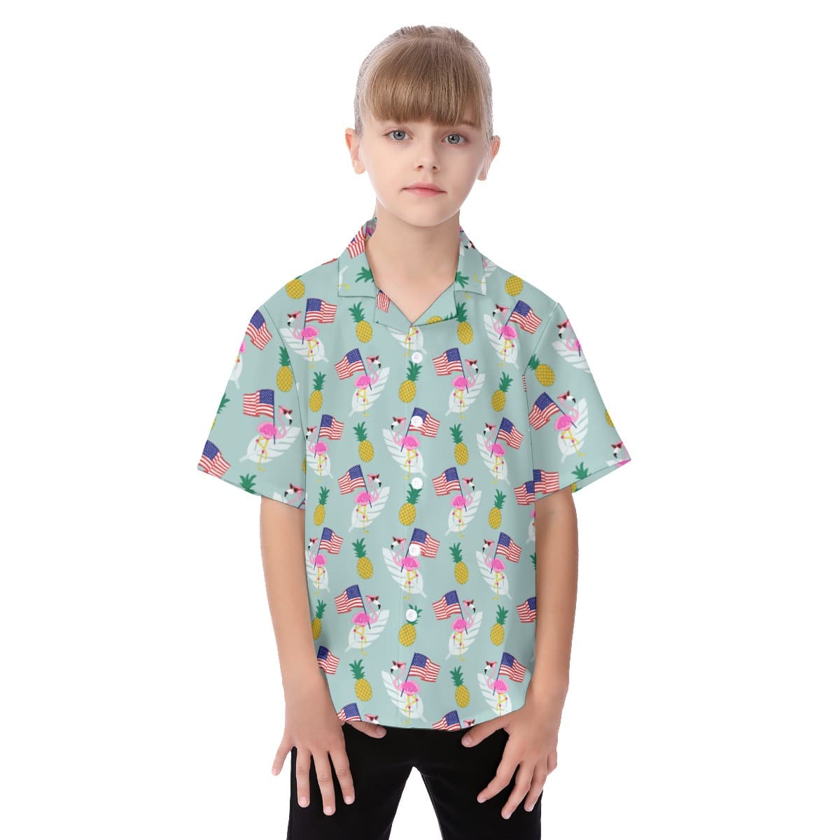 Patriotic Flamingo Aloha Shirt For Kids (1)