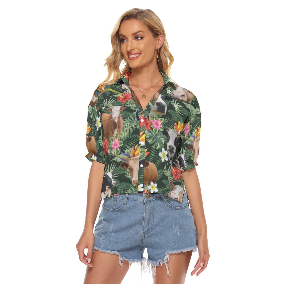 Tropical Cow Hawaiian V-Neck Shirt For Women (4)
