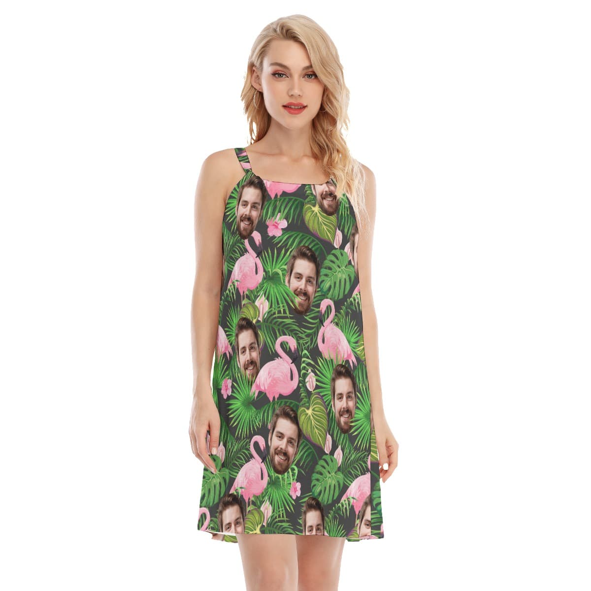 Custom Face Hawaiian Dress For Women with cute flamingo prints on a green tropical background, you can custom multiple faces all over the dress.