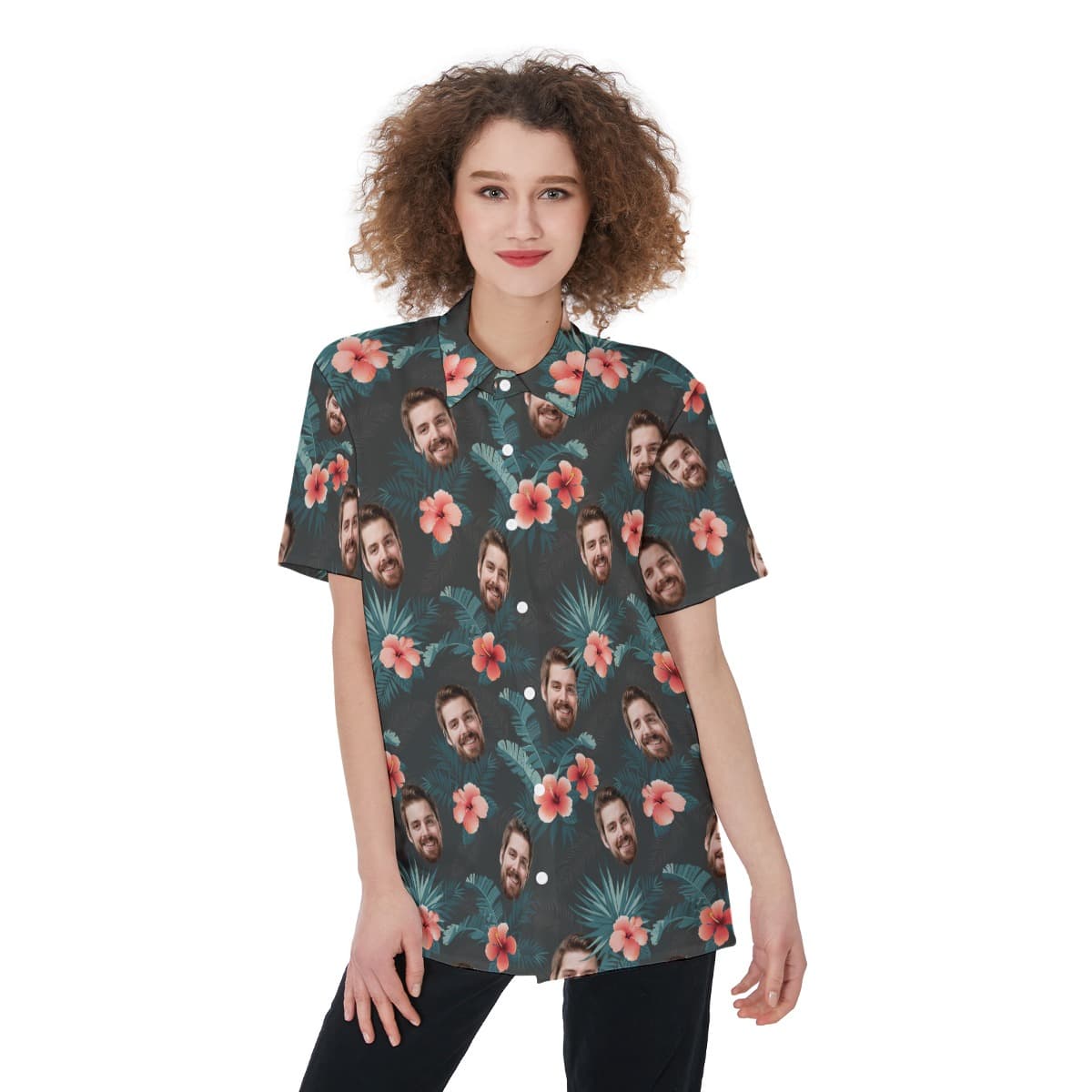 Custom Face Short Sleeve Hawaiian Shirt For Women (1)