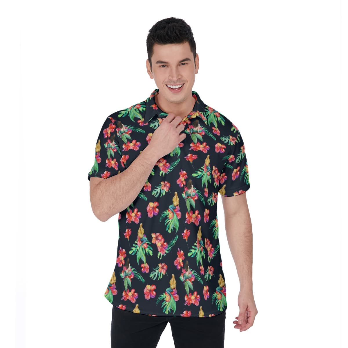 Flowers Mermaid Hawaiian Polo Shirt For Men (1)