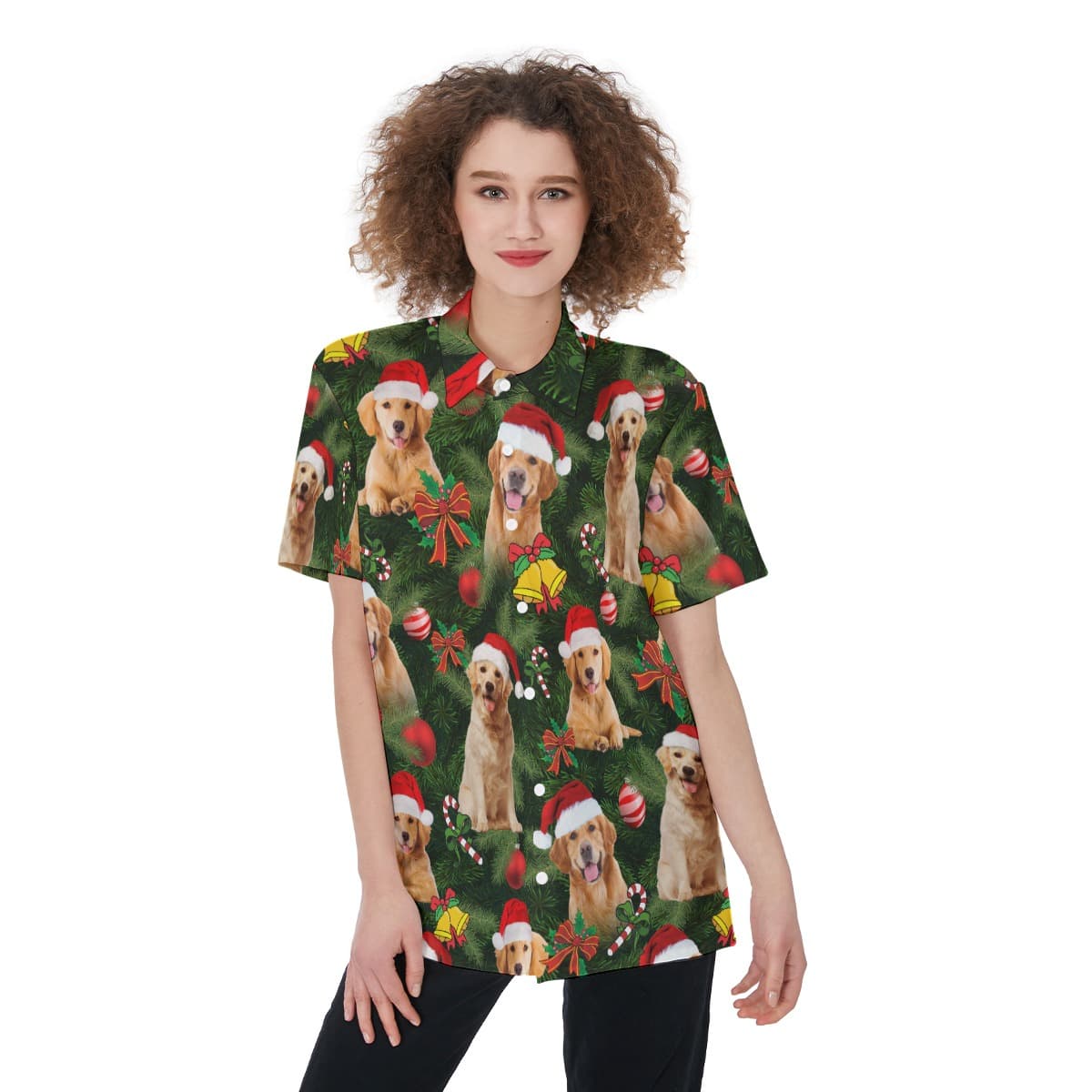 Golden Retriever Christmas Short Sleeve Button Hawaiian Shirt For Women (4)