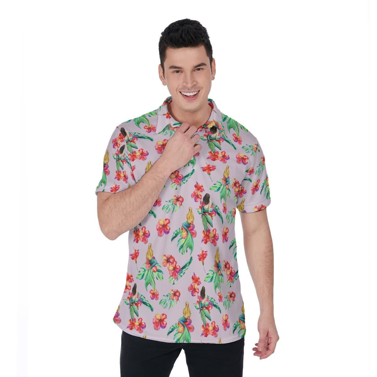 Mermaid Floral Hawaiian Polo Shirt For Men (1)