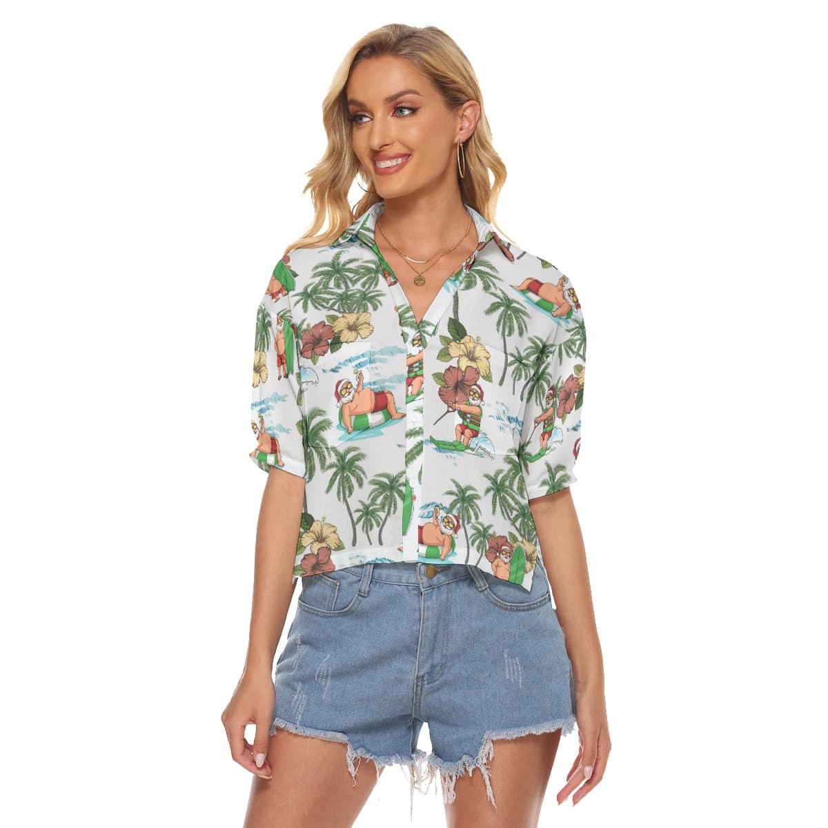 Santa Claus Surfing Hawaiian V-Neck Shirt For Women (2)
