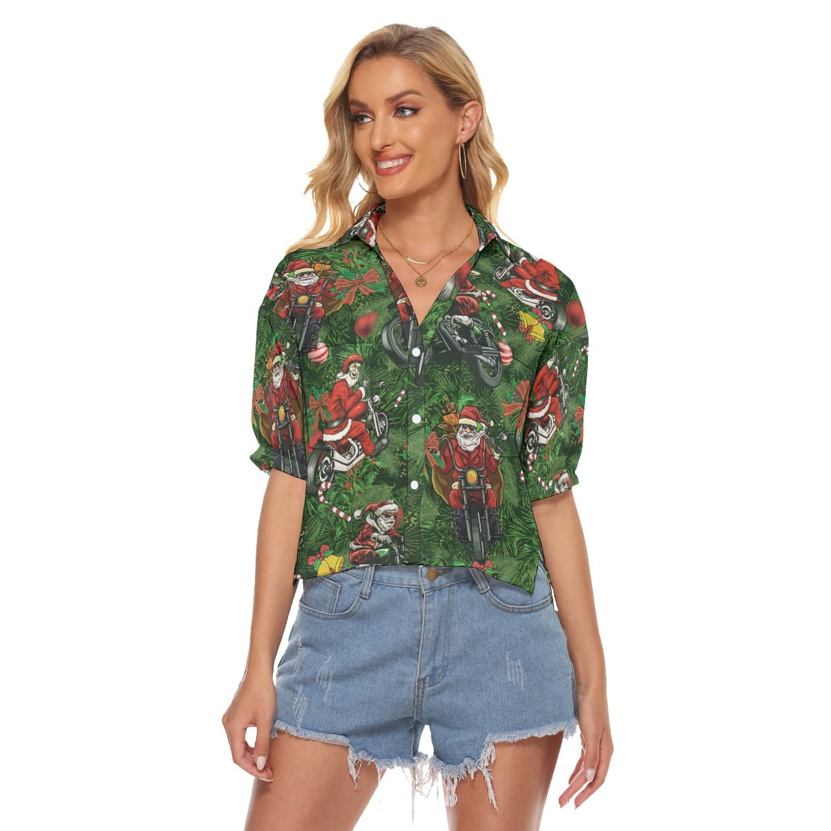 Amazing Santa Biker Hawaiian Crop Top Shirt For Women (3)
