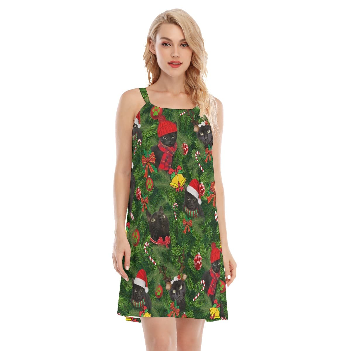Black Cat With Christmas Hat Aloha Dress (3)