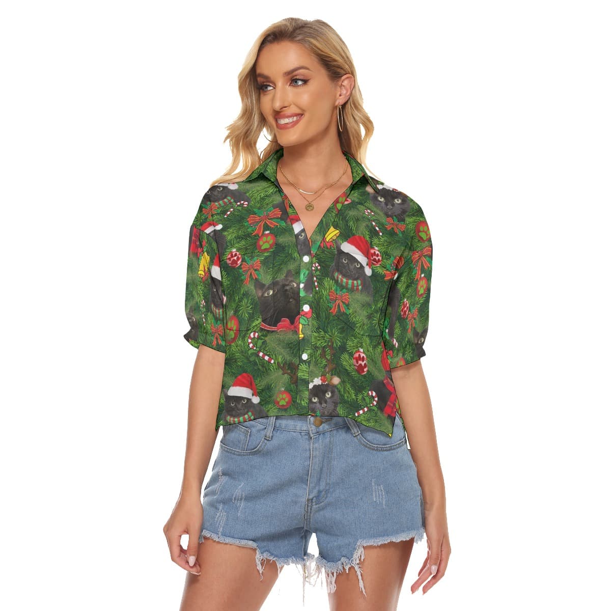 Christmas Black Cat Aloha Crop Top Shirt For Women (4)
