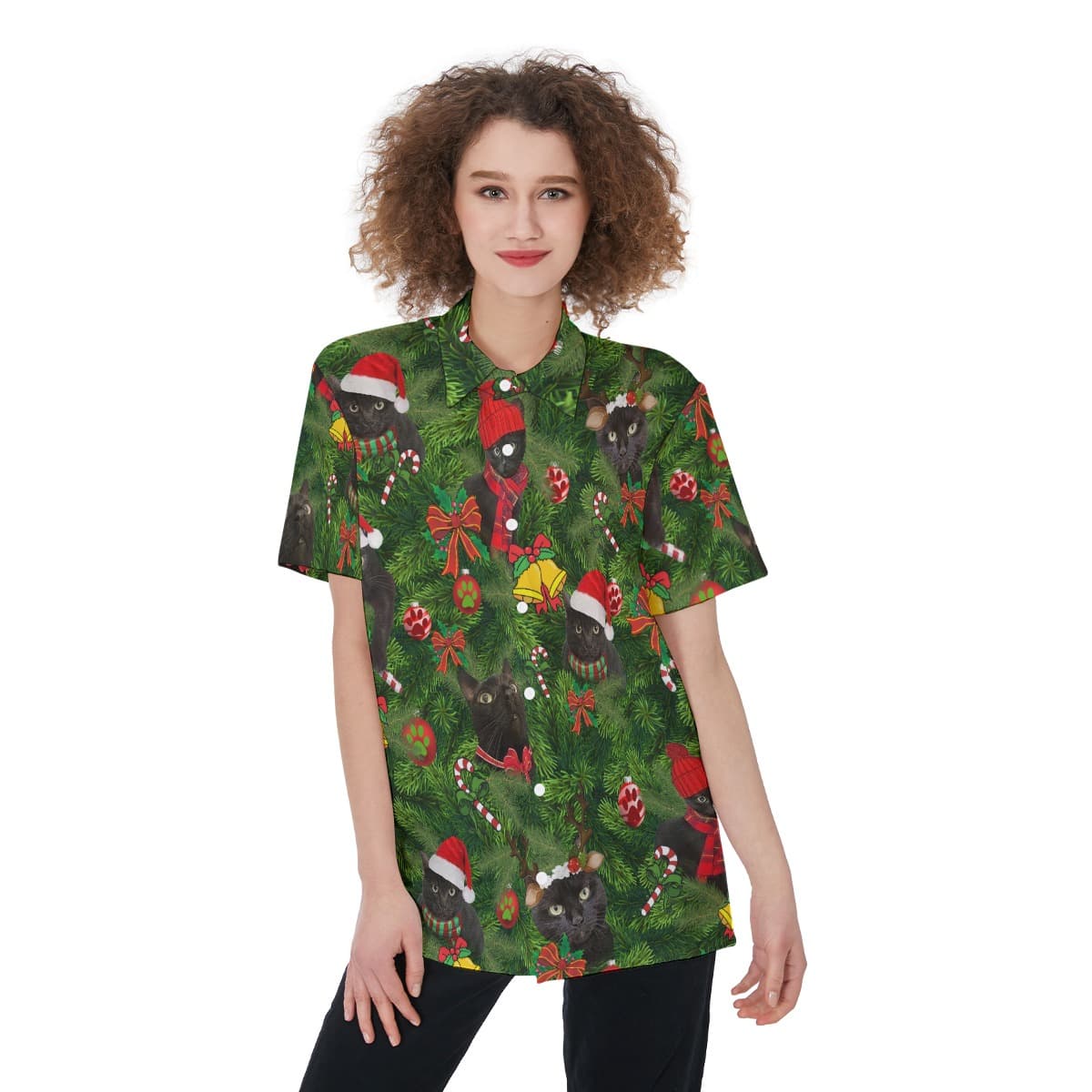 Christmas Black Cat In Tropical Leave Hawaiian Shirt For Women (1)