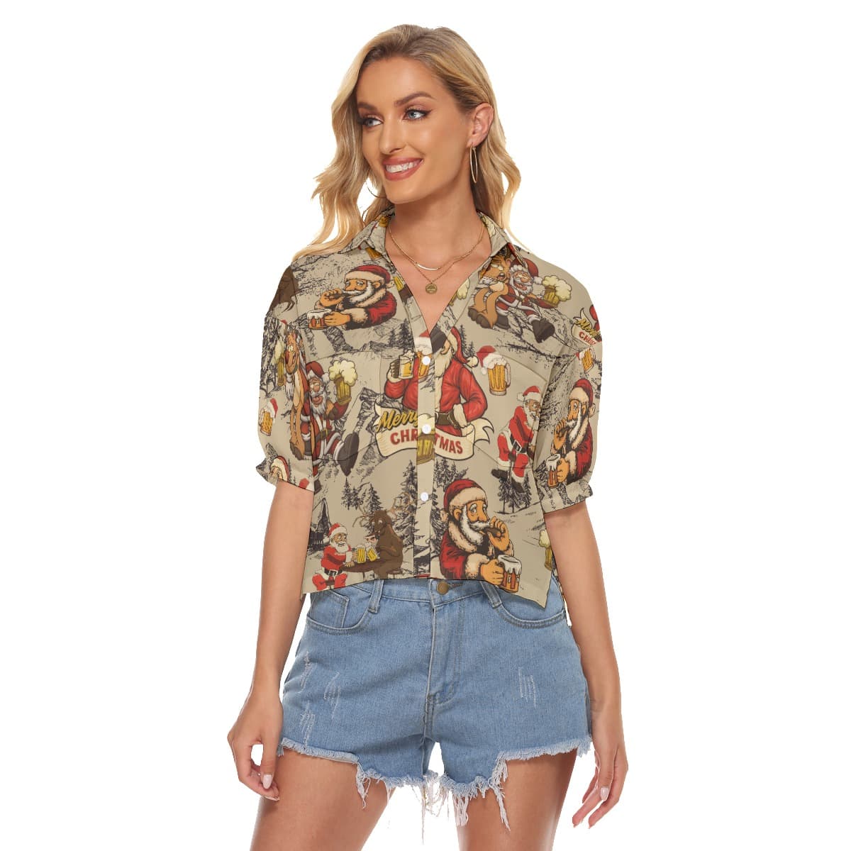 Christmas Santa Claus Beer Hawaiian Crop Top Shirt For Women (1)