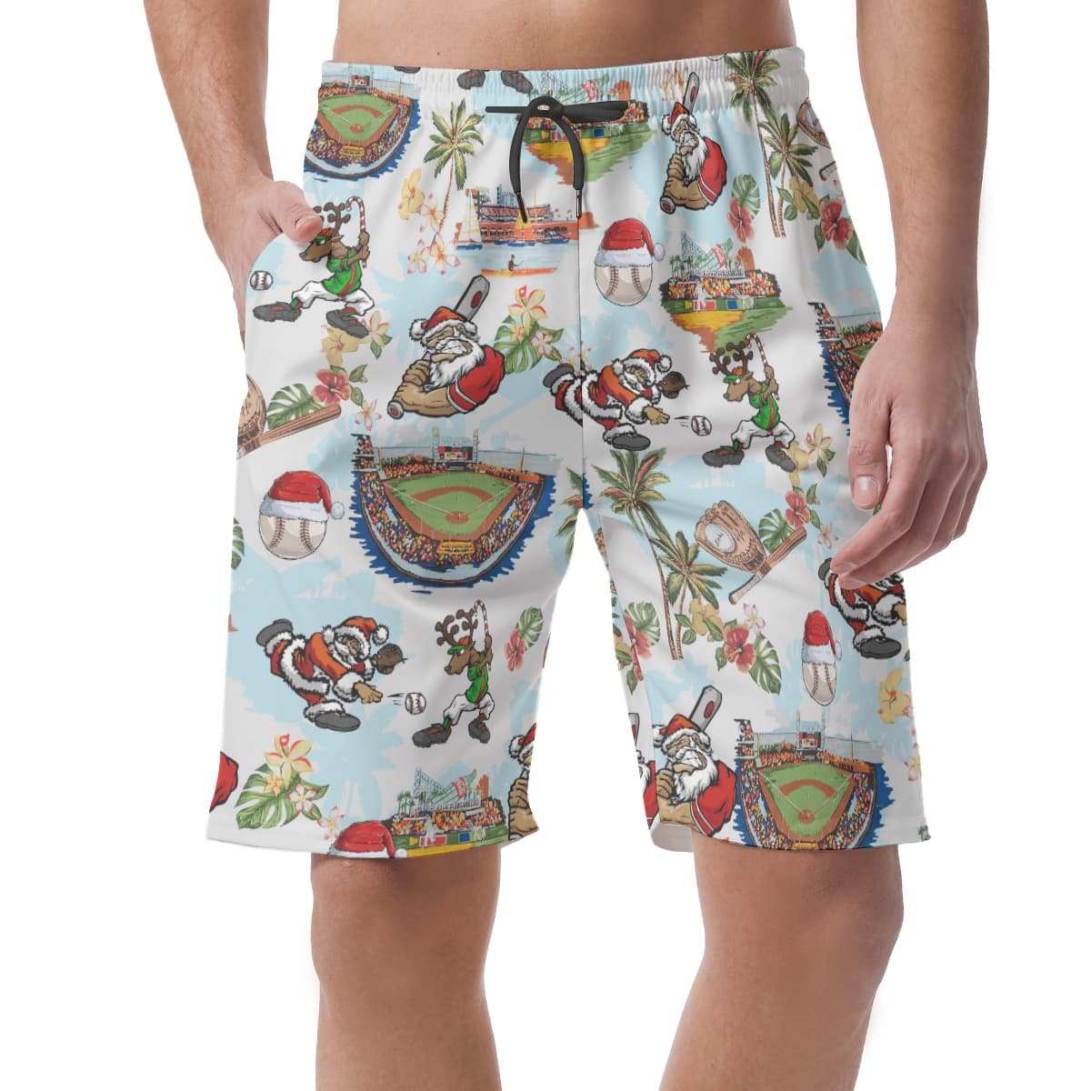 Christmas Santa Playing Baseball Hawaiian Beach Shorts For Men (1)