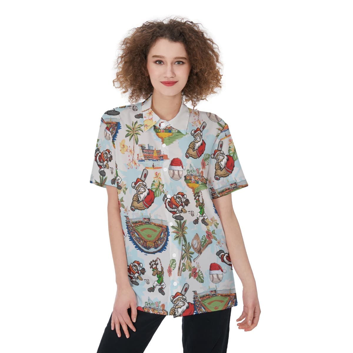 Christmas Santa Playing Baseball White Hawaiian Shirt For Women (3)