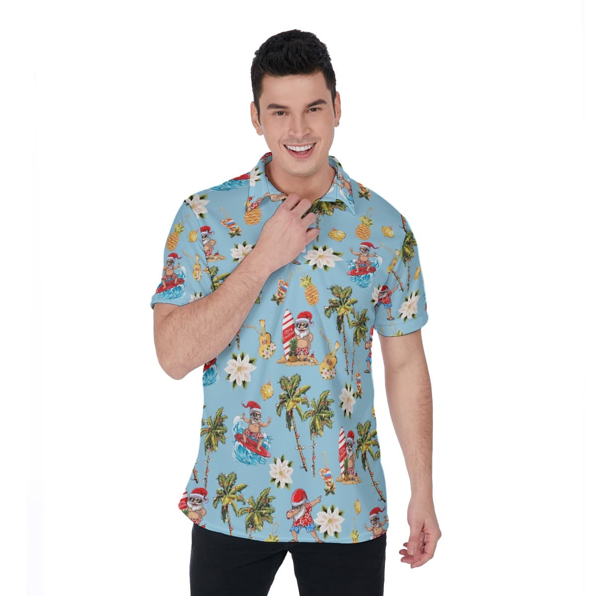 Christmas Santa Surfing Aloha Polo Shirt For Men (1)