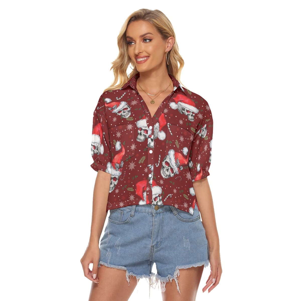 Christmas Skull Aloha V-Neck Shirt For Women (3)