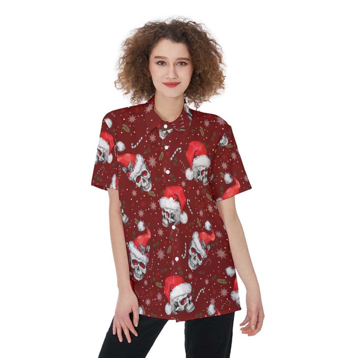 Christmas Skull Red Aloha Shirt For Women (4)