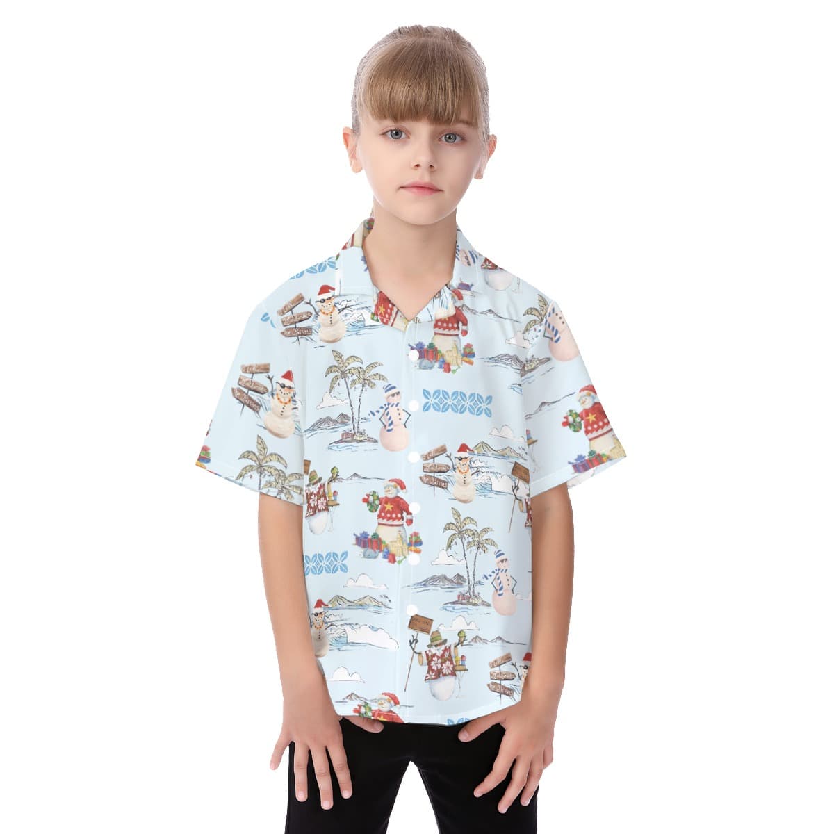 Cute Christmas Snowman Hawaiian Button Up Shirt For Kids (4)