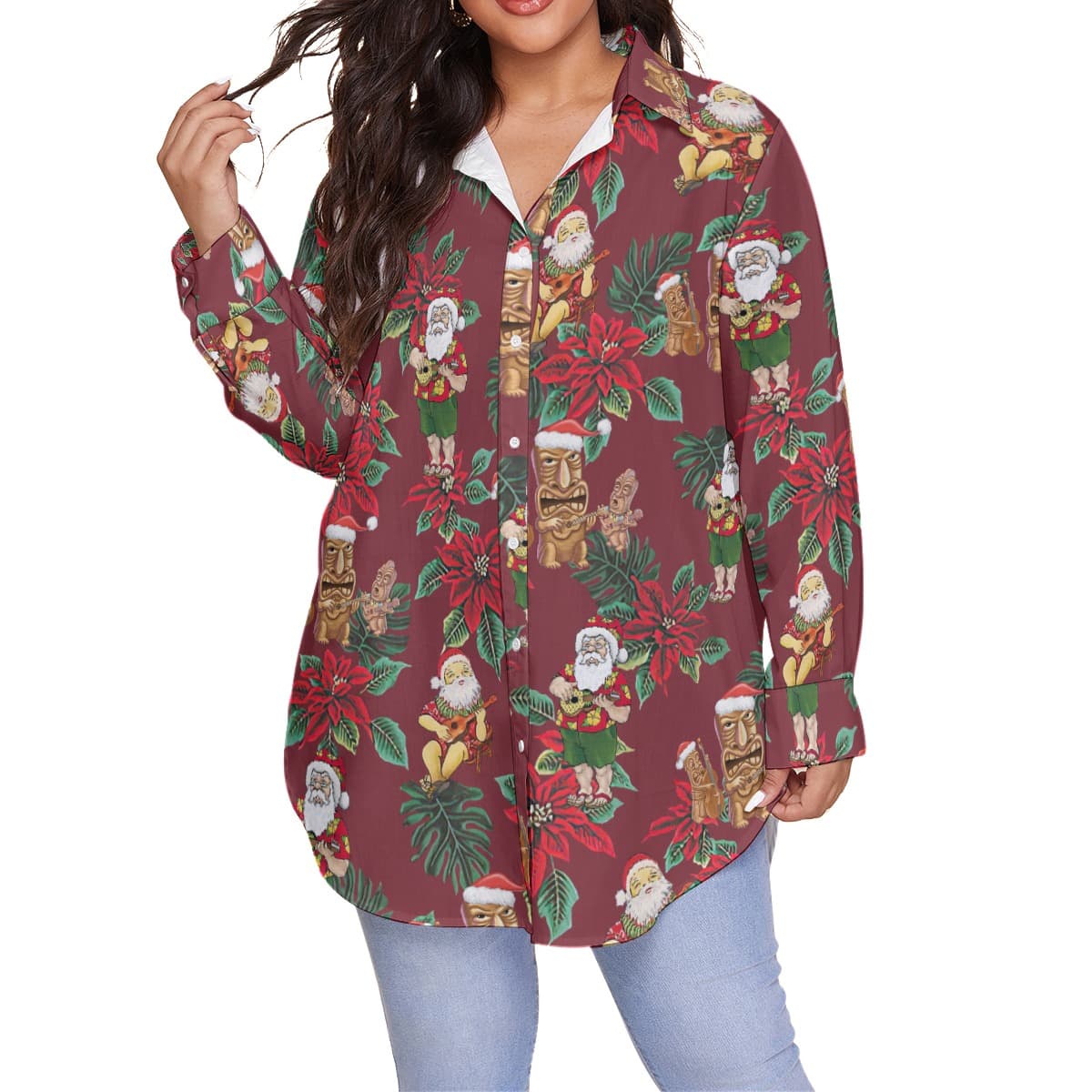Cute Santa Claus Playing Ukulele Christmas Women’s Plus Size Hawaiian Shirt (4)