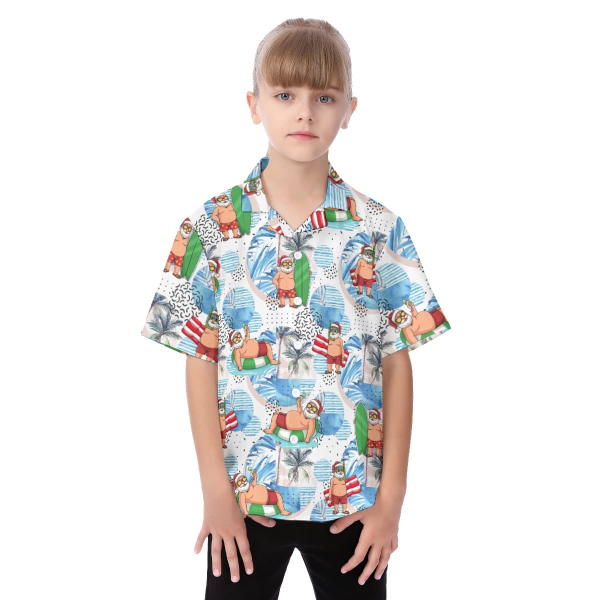 Cute Santa Claus Surfing Hawaiian Button Up Shirt For Kids (1)