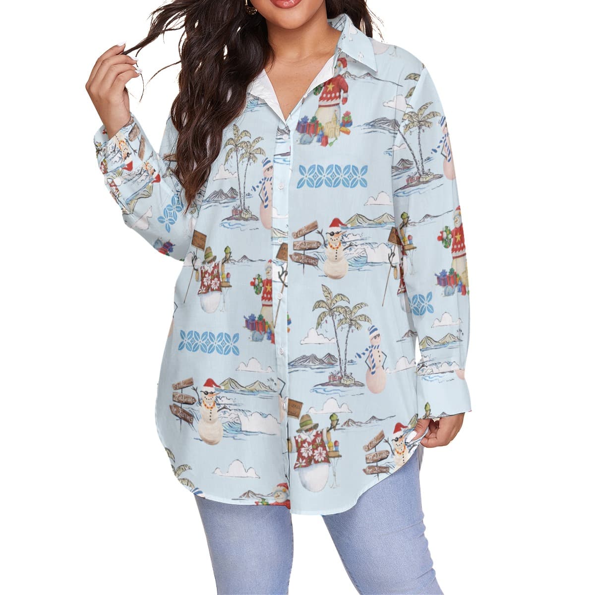 Cute Snowman Christmas Plus Size Hawiian Shirt For Women (4)