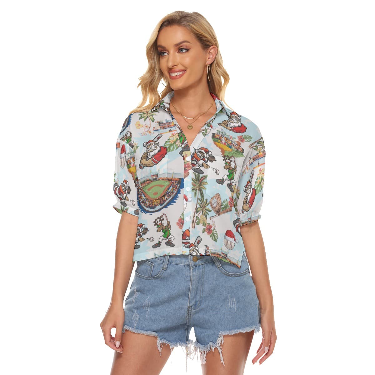 Funny Santa Baseball Christmas Aloha Crop Top Shirt For Women (4)