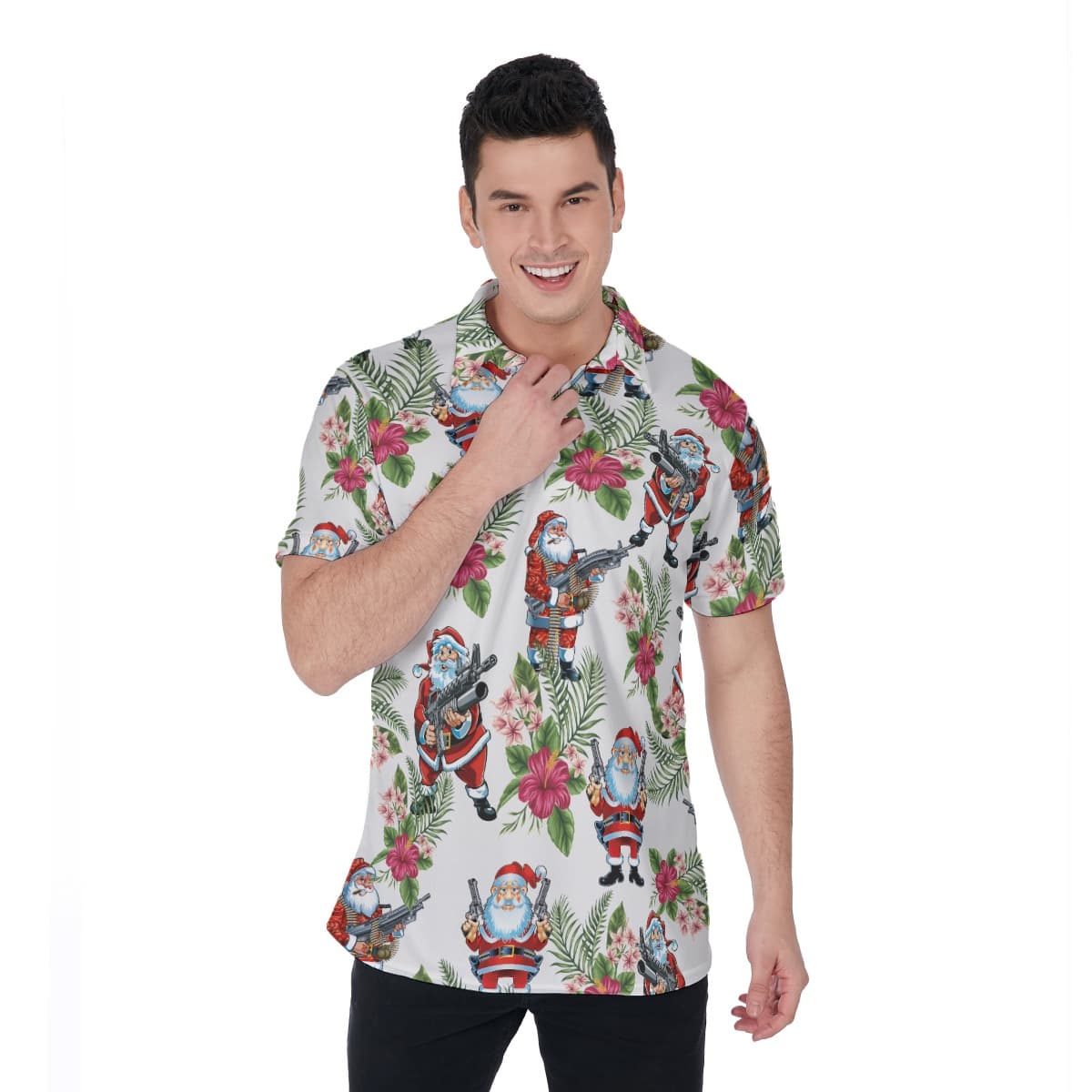Funny Santa Claus With Gun Floral Hawaiian Polo Shirt (1)