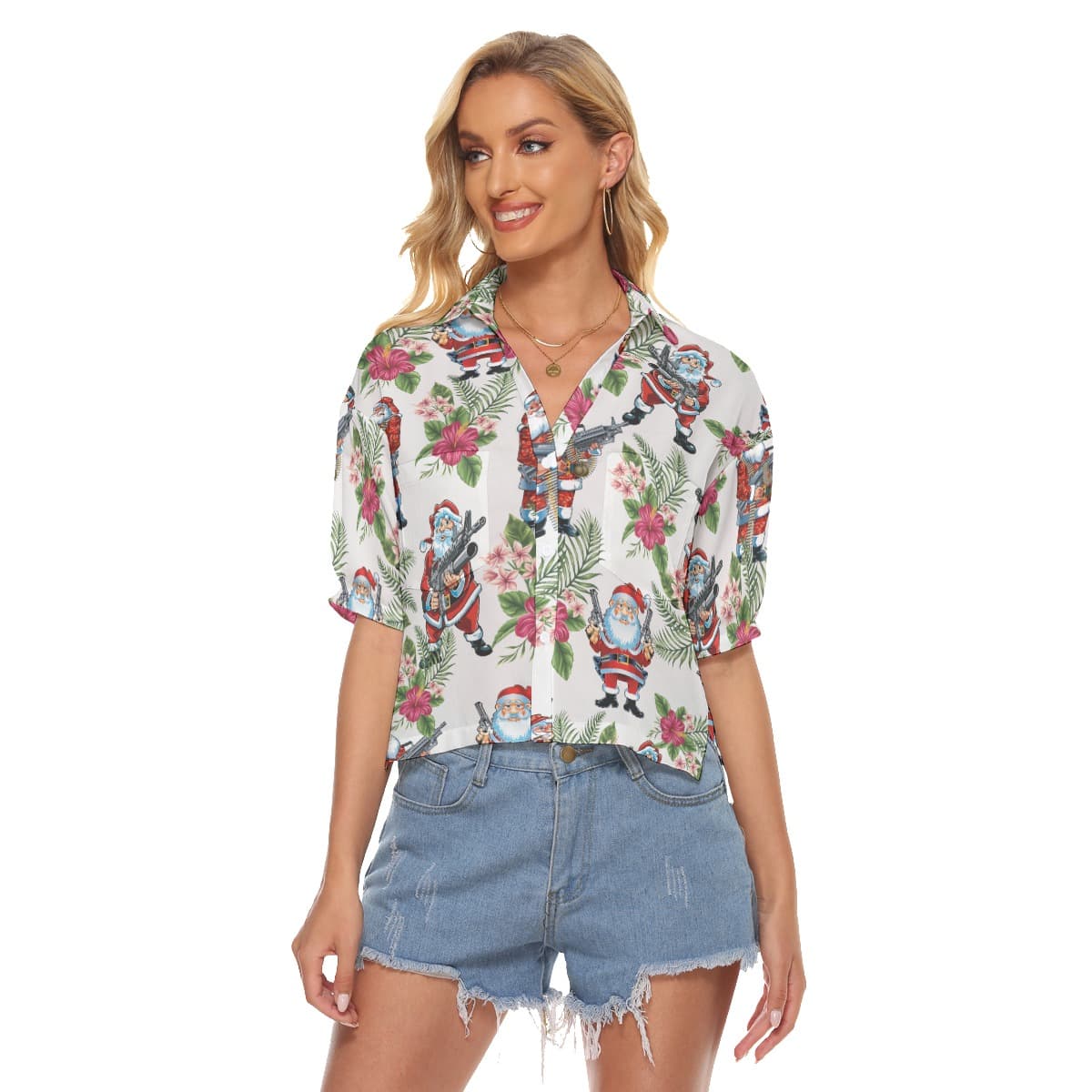 Funny Santa Claus With Machine Gun Aloha Crop Top Shirt For Women (3)