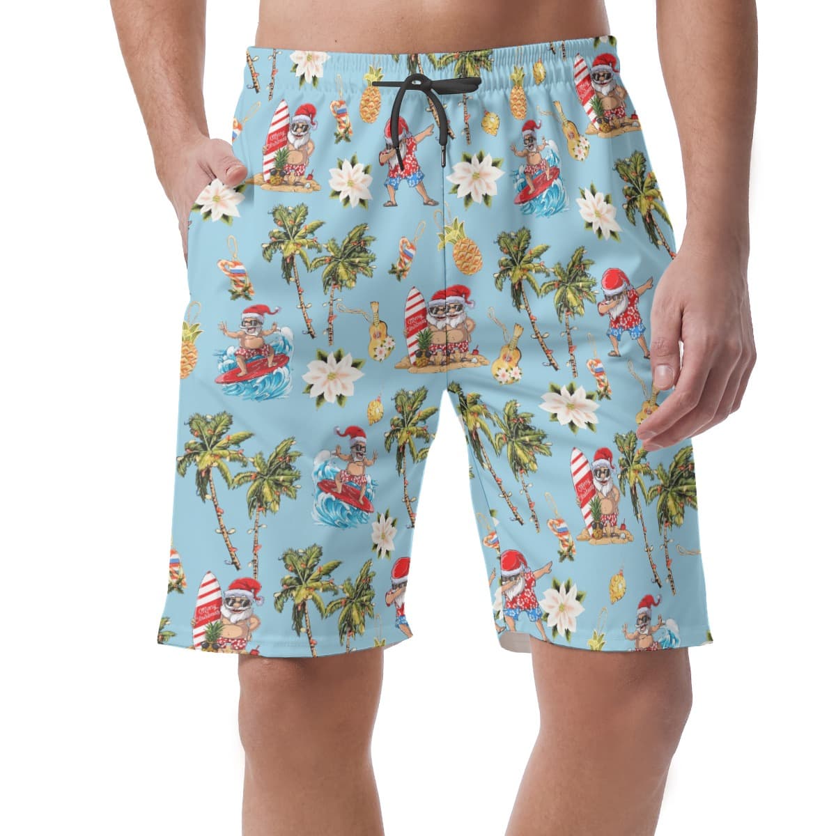 Funny Santa Surfing Blue Hawaiian Beach Shorts For Men (4)