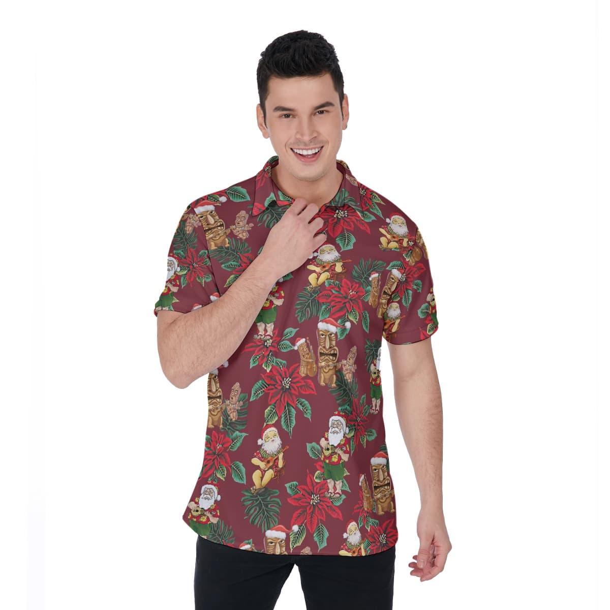 Poinsettia Flowers Santa Hawaiian Polo Shirt For Men (4)