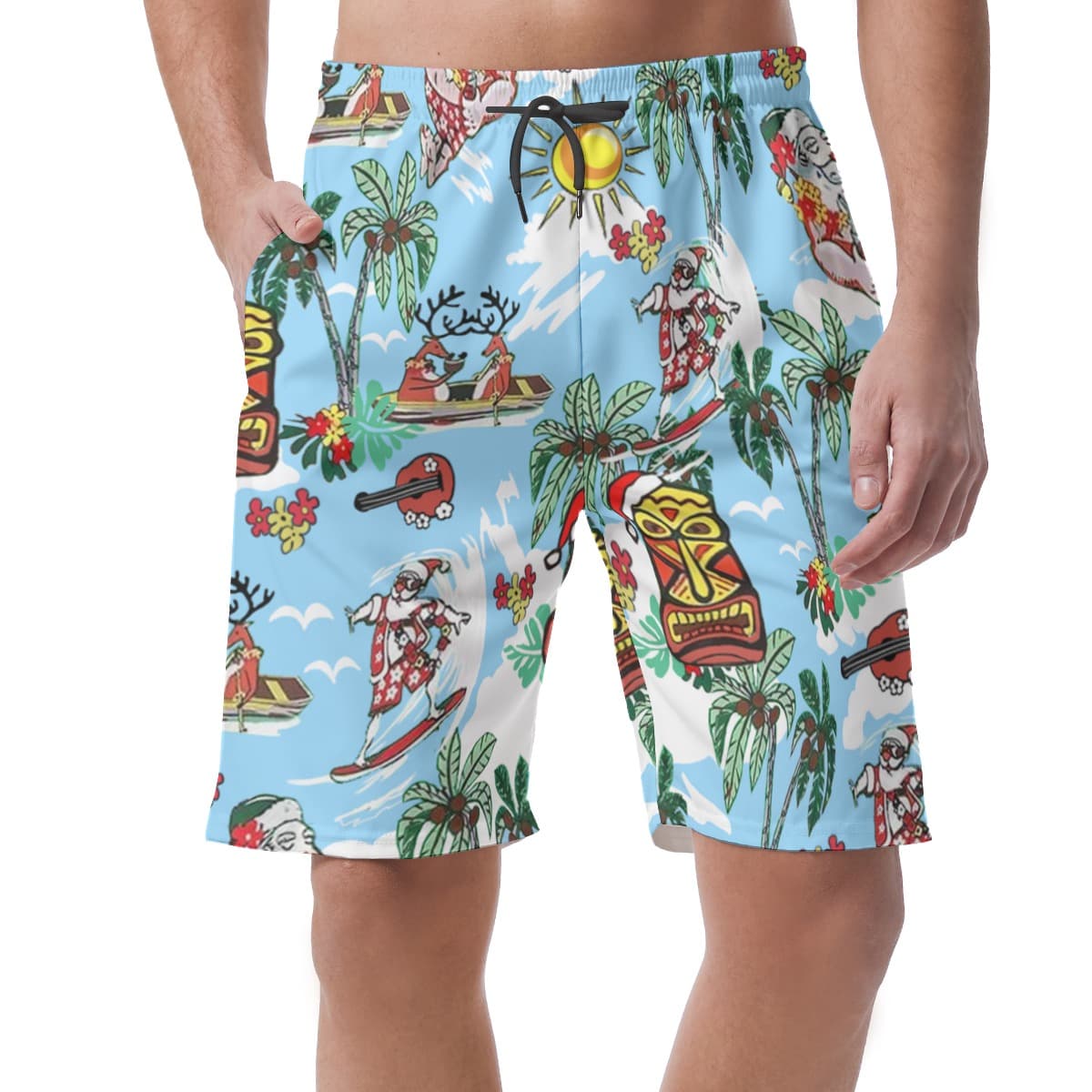 Reindeer And Santa Claus Tropical Blue Aloha Beach Shorts For Men (1)