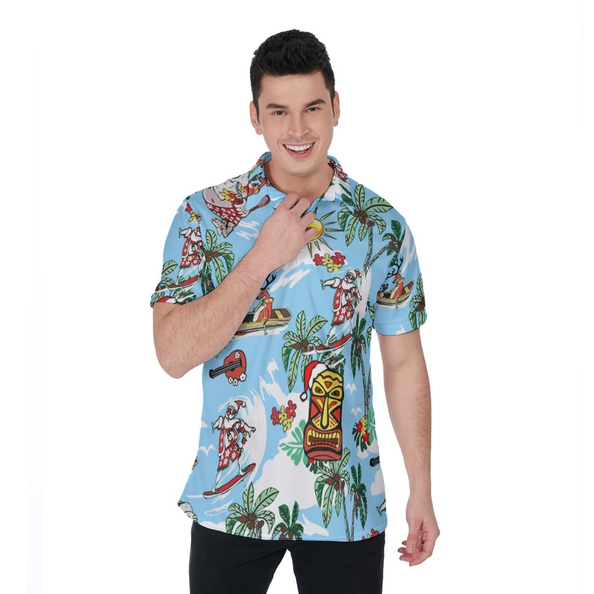 Reindeer And Santa Surfing Hawaiian Polo Shirt (4)