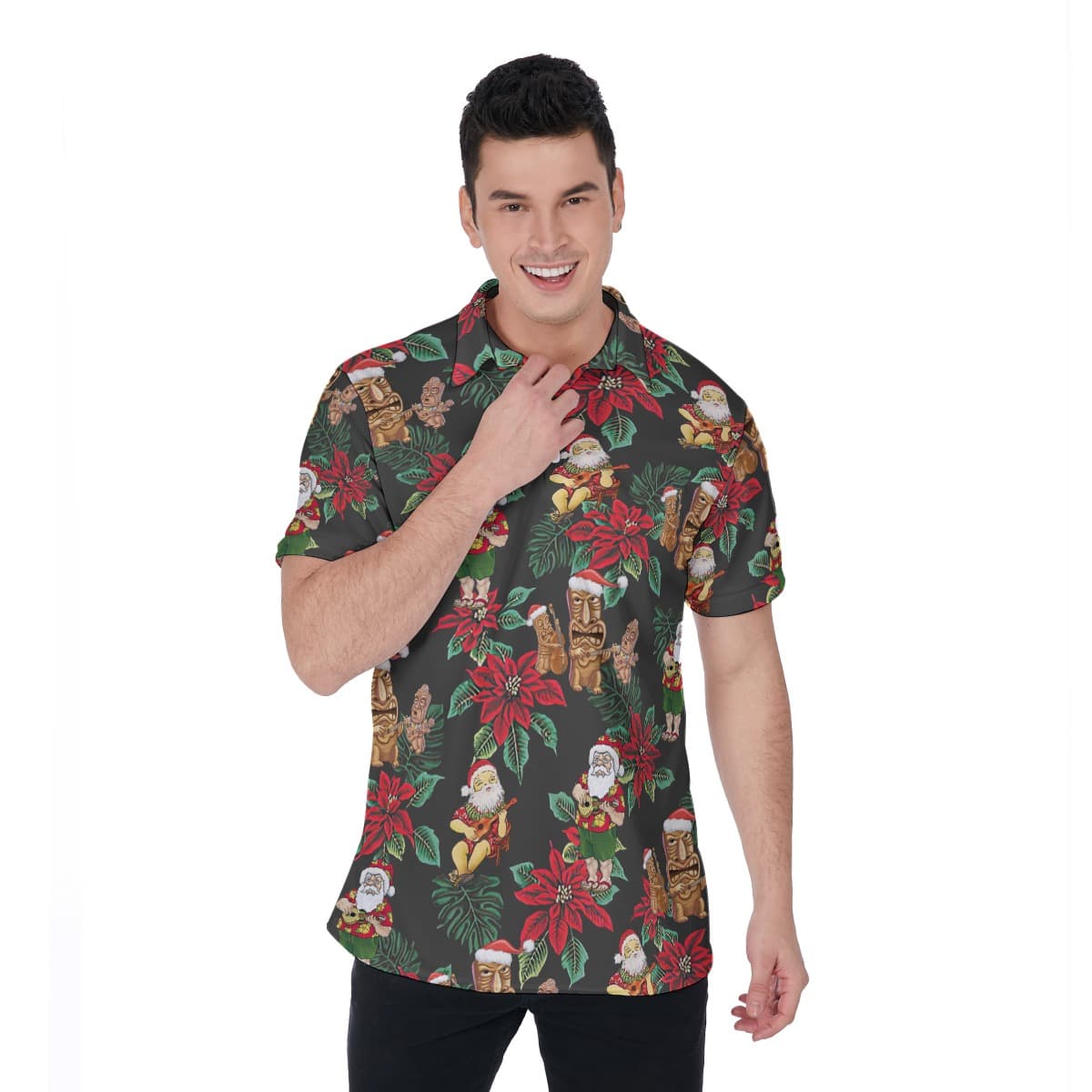 Santa Claus And Tiki Christmas Aloha Polo Shirt For Men (3)
