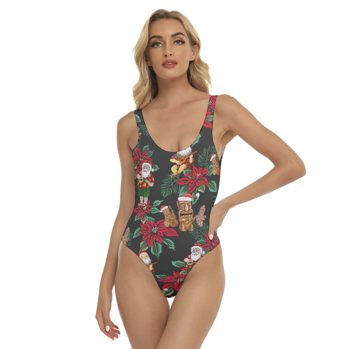 Santa Claus Mix Poinsettia Christmas Hawaiian Swimsuit For Women (3)
