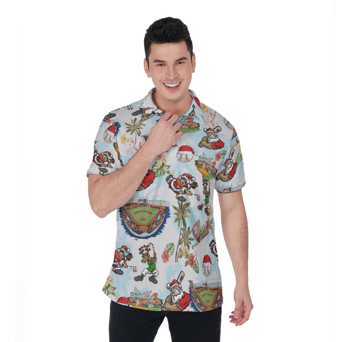 Santa Claus Playing Baseball Aloha Polo Shirt For Men (4)