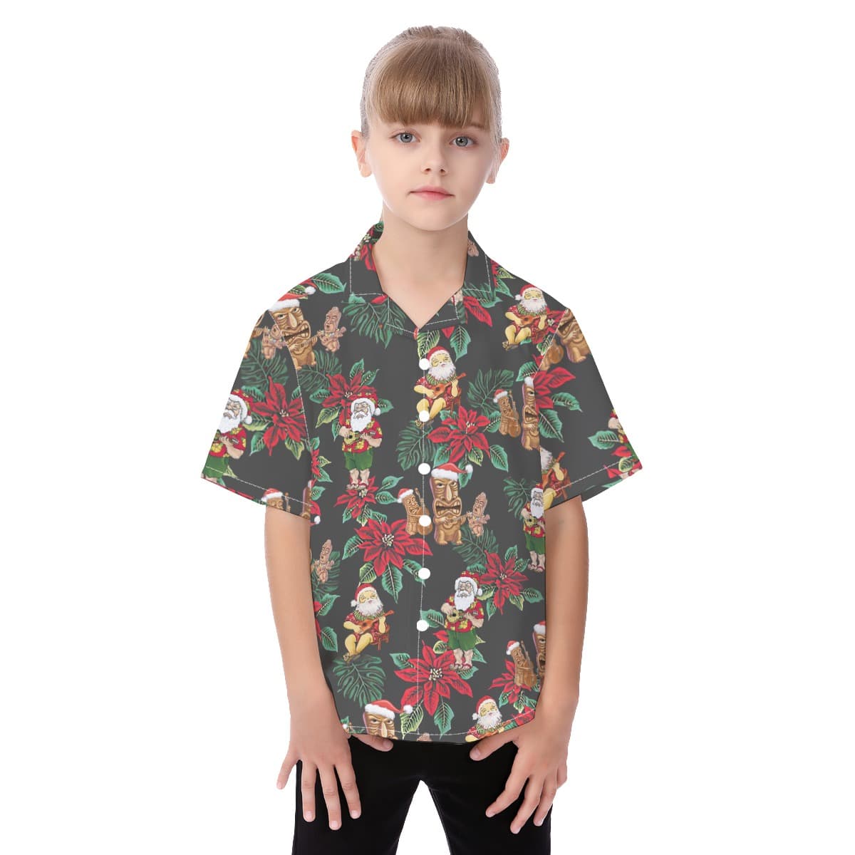 Santa Claus Poinsettia Christmas Hawaiian Shirt For Kids (4)