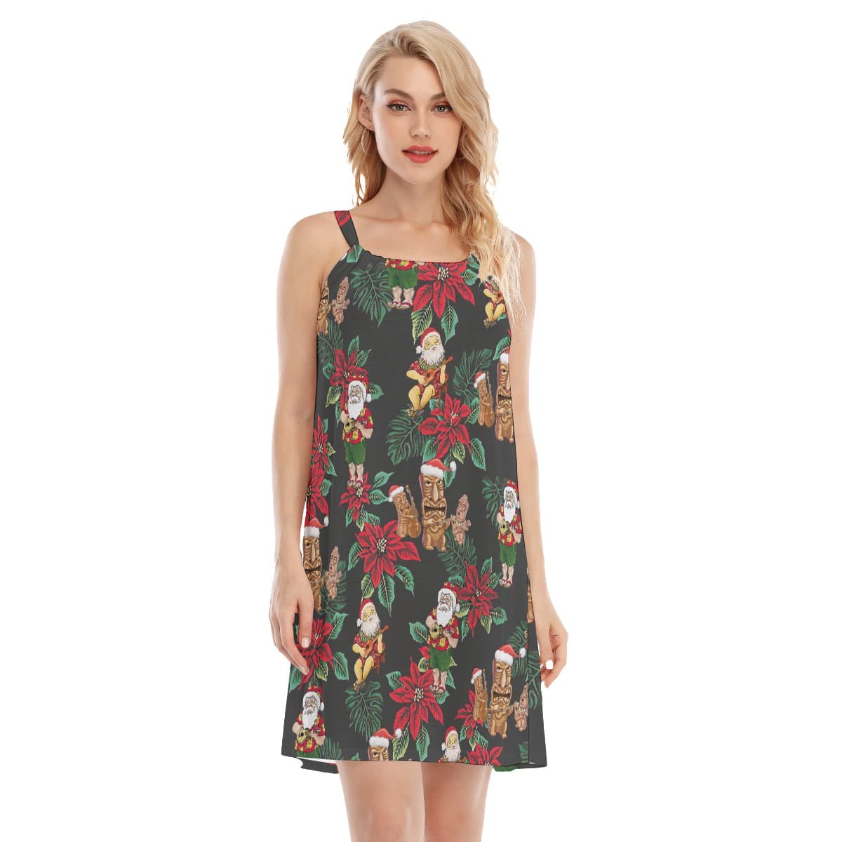 Santa Claus Poinsettia Flowers Hawaiian Dress For Women (4)