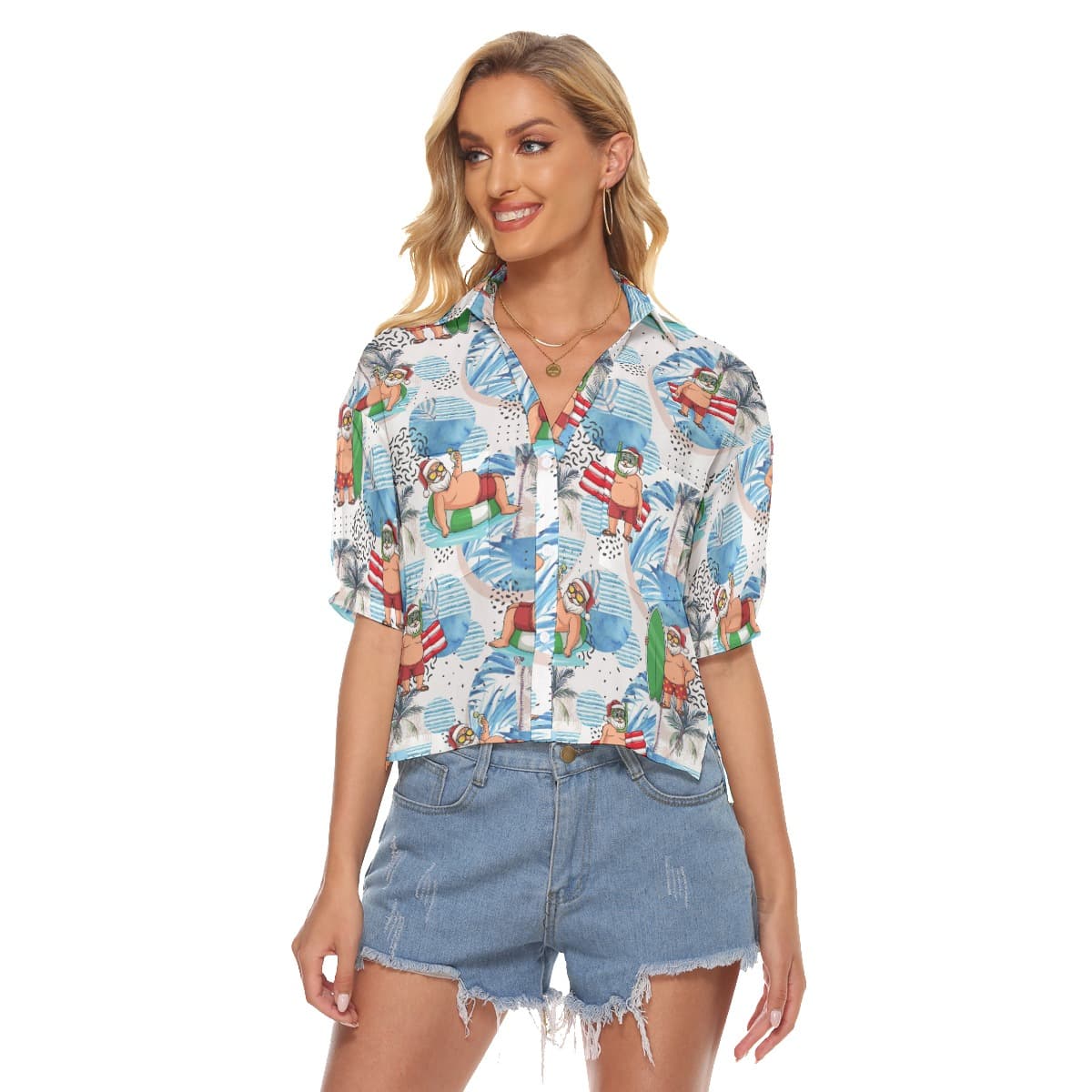 Santa Claus Surfing Hawaiian Crop Top Shirt For Women (3)